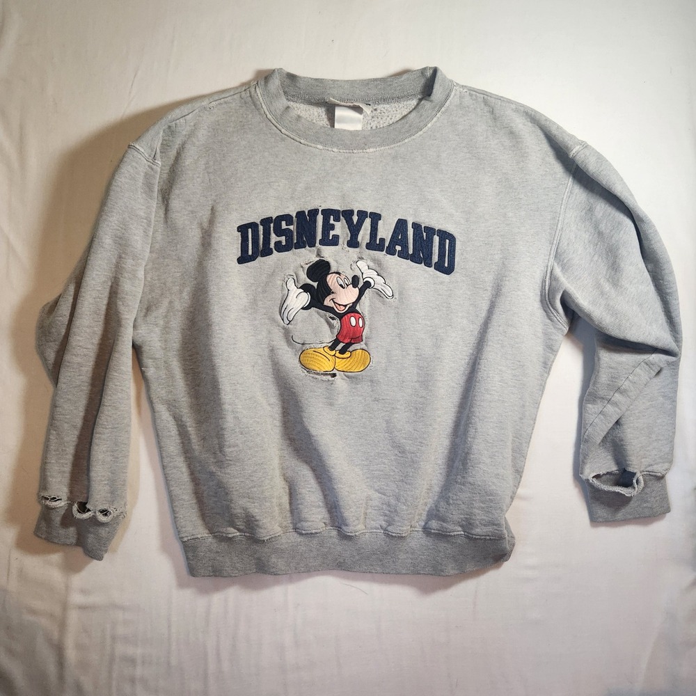 Vintage Disneyland Mickey Mouse Distressed Sweatshirt Gray Embroidered Medium